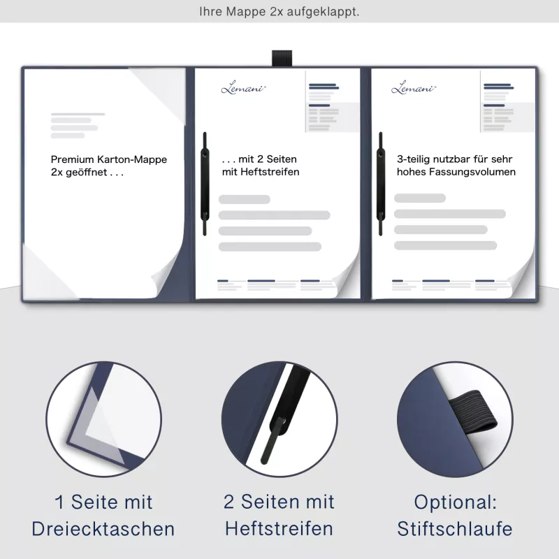 Premium Karton-Mappe 3-teilig in Marineblau mit Dreiecktaschen (li.) und 2 Heftstreifen