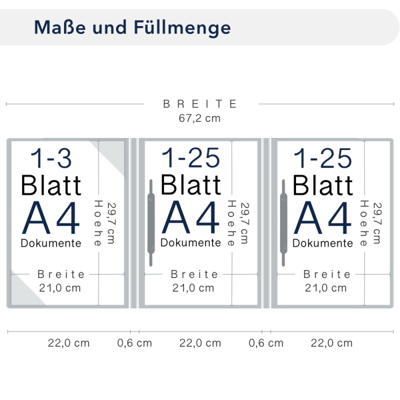 Naturkarton-Mappe 3-teilig in Marineblau mit Dreiecktaschen (li.) und 2 Heftstreifen