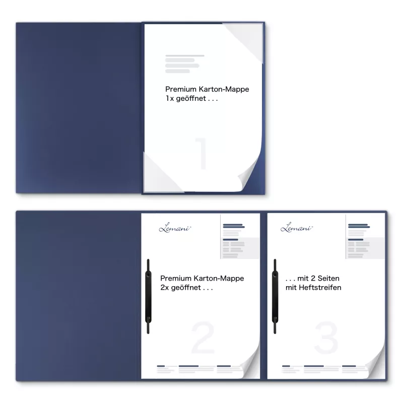 Premium Karton-Mappe 3-teilig in Marineblau mit Dreiecktaschen (re.) und 2 Heftstreifen