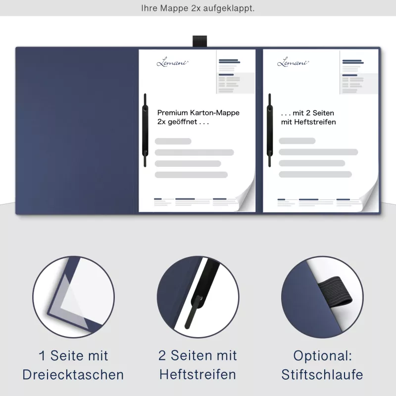 Premium Karton-Mappe 3-teilig in Marineblau mit Dreiecktaschen (re.) und 2 Heftstreifen