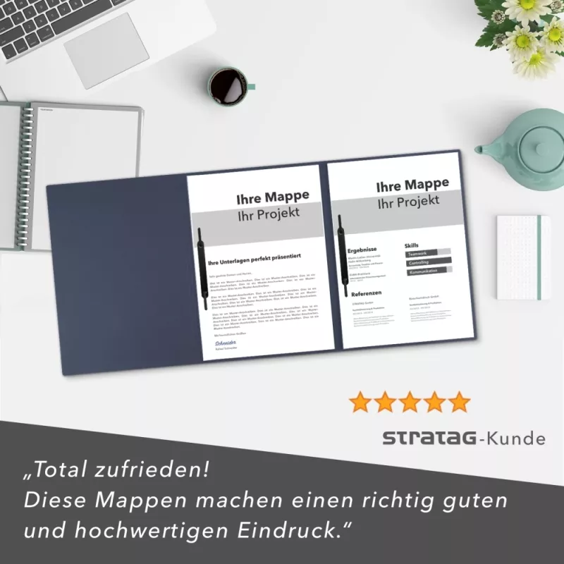 Premium Karton-Mappe 3-teilig in Marineblau mit Dreiecktaschen (re.) und 2 Heftstreifen