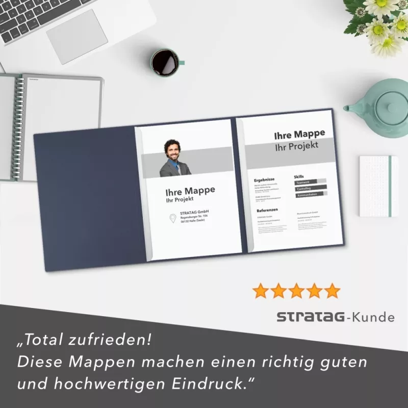 Premium Karton-Mappe 3-teilig in Marineblau mit Dreiecktaschen (re.) und 2 Klemmschienen