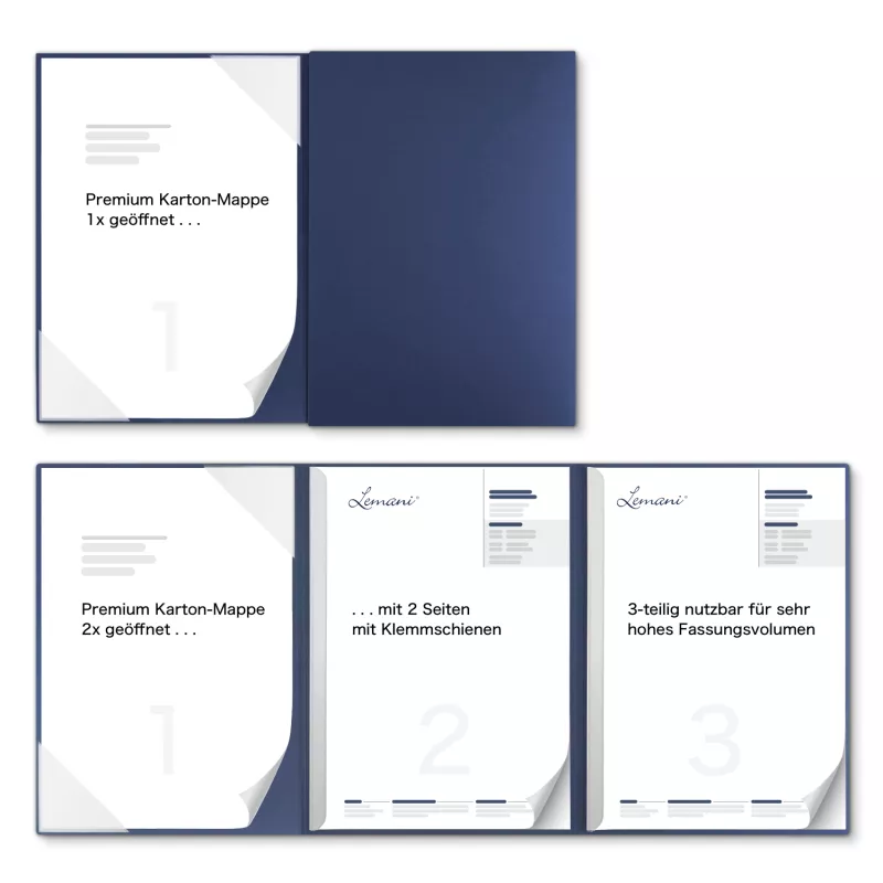 Premium Karton-Mappe 3-teilig in Marineblau mit Dreiecktaschen (li.) und 2 Klemmschienen
