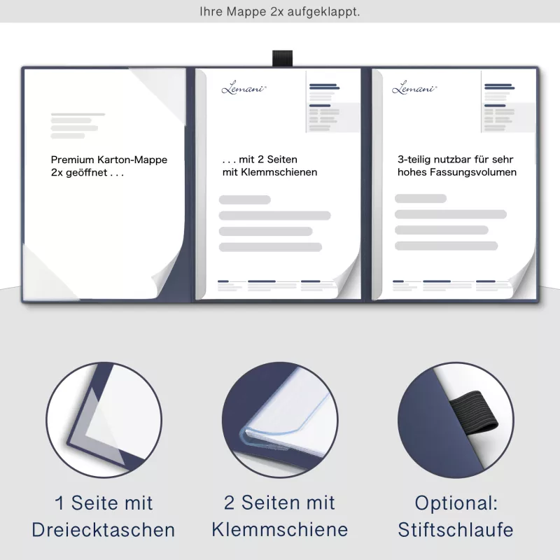 Premium Karton-Mappe 3-teilig in Marineblau mit Dreiecktaschen (li.) und 2 Klemmschienen