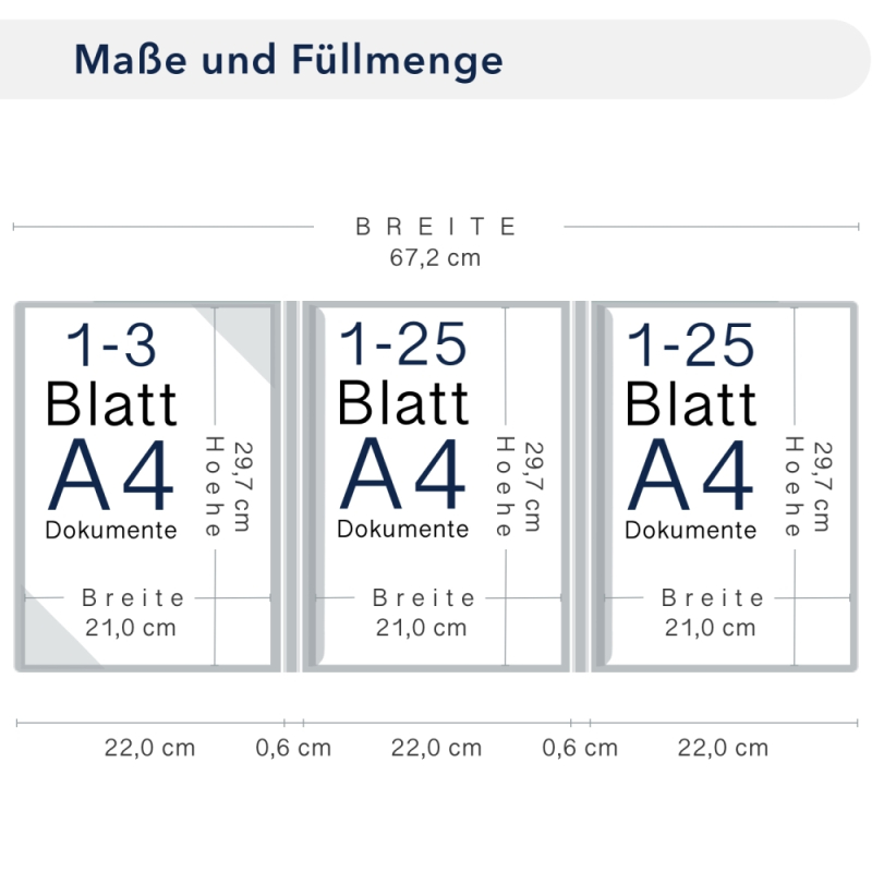 Naturkarton-Mappe 3-teilig in Marineblau mit Dreiecktaschen (li.) und 2 Klemmschienen