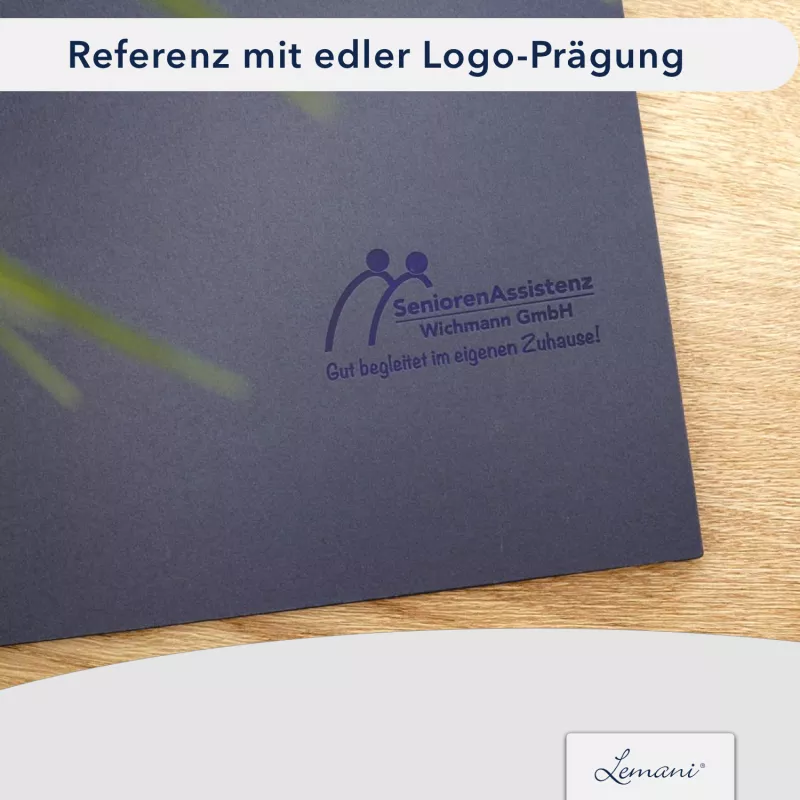 Premium Karton-Mappe 3-teilig in Marineblau mit Dreiecktaschen (li.) und 2 Klemmschienen