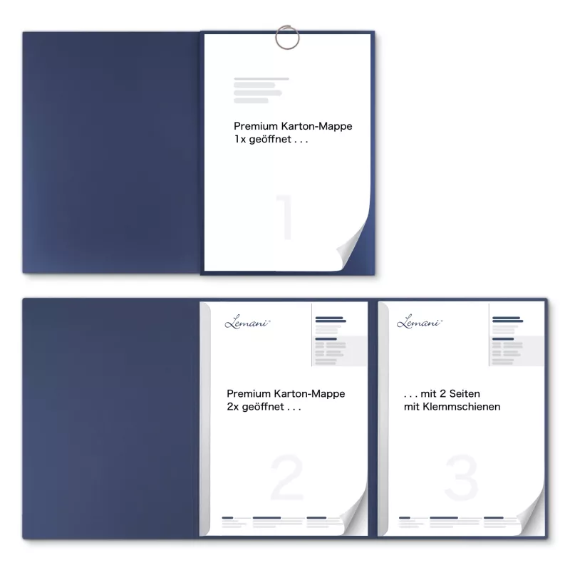 Premium Karton-Mappe 3-teilig in Marineblau mit runder Metallklammer und 2 Klemmschienen