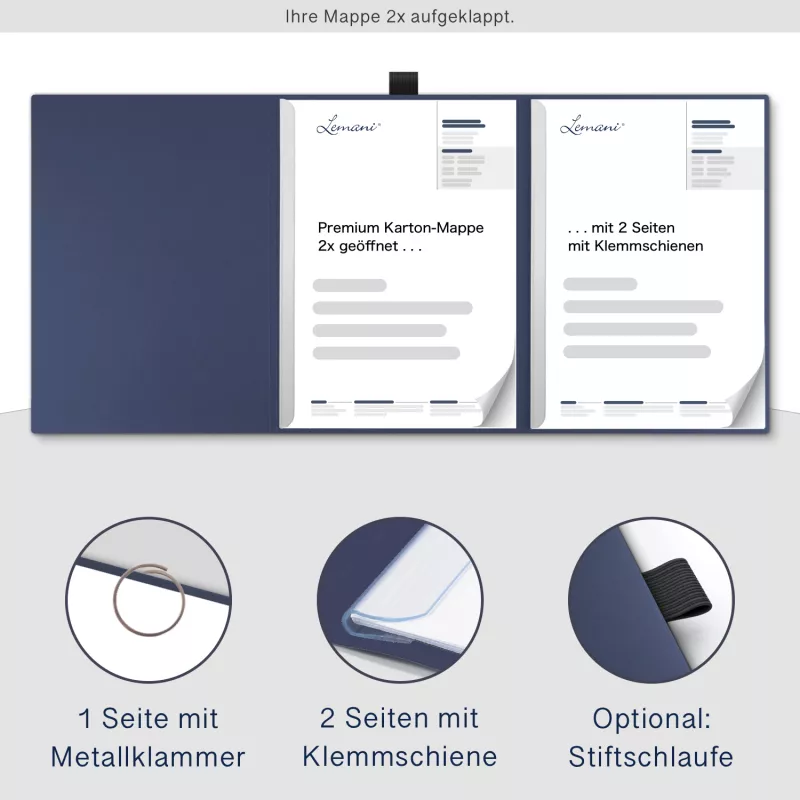 Premium Karton-Mappe 3-teilig in Marineblau mit runder Metallklammer und 2 Klemmschienen