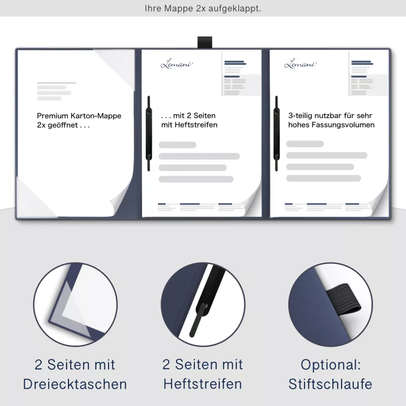 Premium Karton-Mappe 4-teilig in Marineblau mit 2 Seiten Dreiecktaschen und 2 Heftstreifen