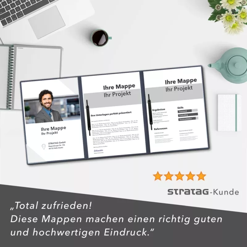 Premium Karton-Mappe 4-teilig in Marineblau mit 2 Seiten Dreiecktaschen und 2 Heftstreifen