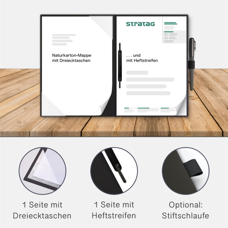 Naturkarton-Mappe 2-teilig in Schwarz mit Dreiecktaschen und 1 Heftstreifen