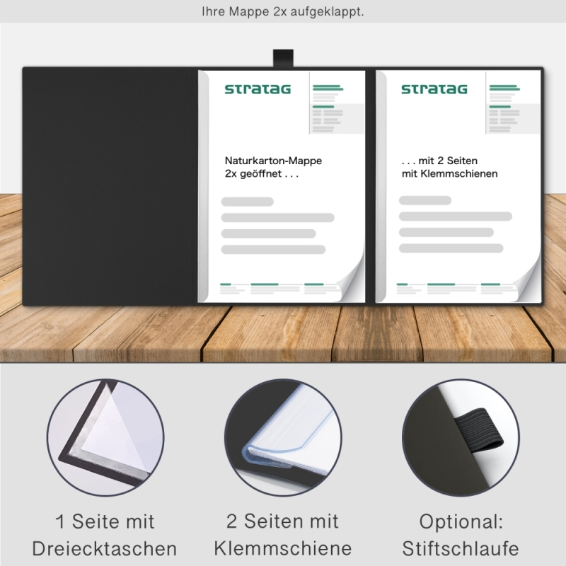 Naturkarton-Mappe 3-teilig in Schwarz mit Dreiecktaschen (re.) und 2 Klemmschienen