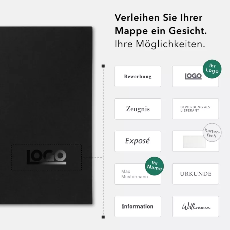 Naturkarton-Mappe 3-teilig in Schwarz mit Dreiecktaschen (li.) und 2 Klemmschienen