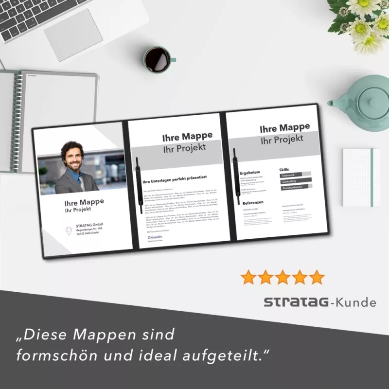 Naturkarton-Mappe 4-teilig in Schwarz mit 2 Seiten Dreiecktaschen und 2 Heftstreifen
