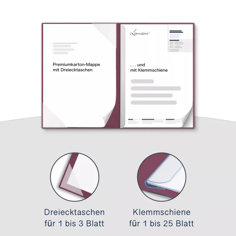 Premium Karton-Mappe 2-teilig in Bordeaux mit Dreiecktaschen und 1 Klemmschiene