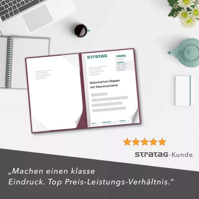 Premium Karton-Mappe 2-teilig in Bordeaux mit Dreiecktaschen und 1 Klemmschiene