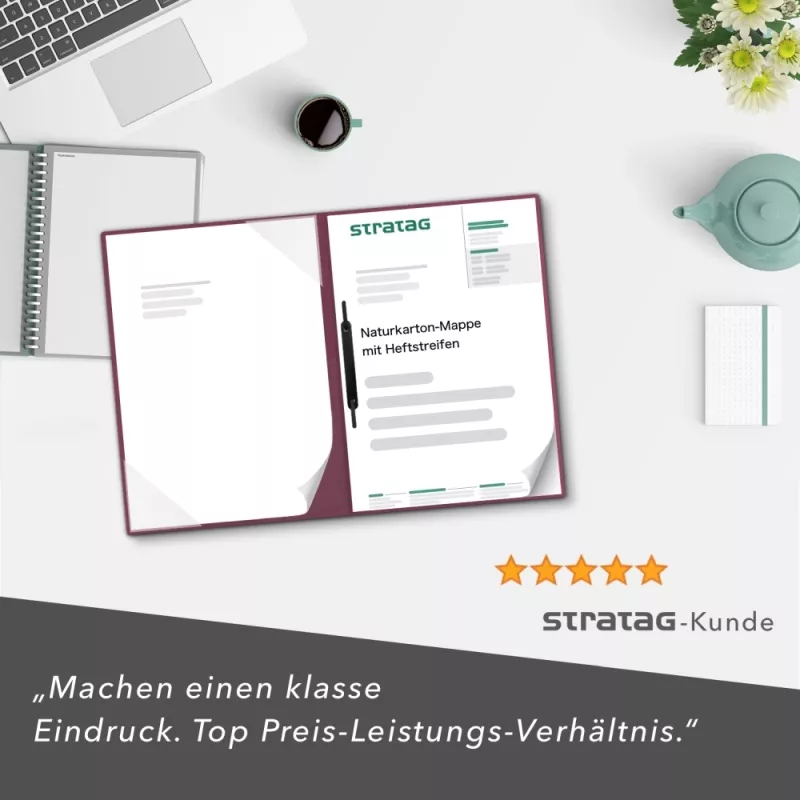 Premium Karton-Mappe 2-teilig in Bordeaux mit Dreiecktaschen und 1 Heftstreifen