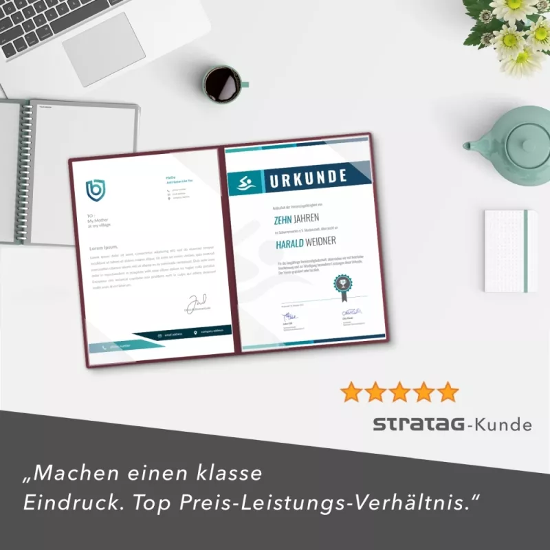 Premium Karton-Mappe 2-teilig in Bordeaux mit 2 Seiten Dreiecktaschen