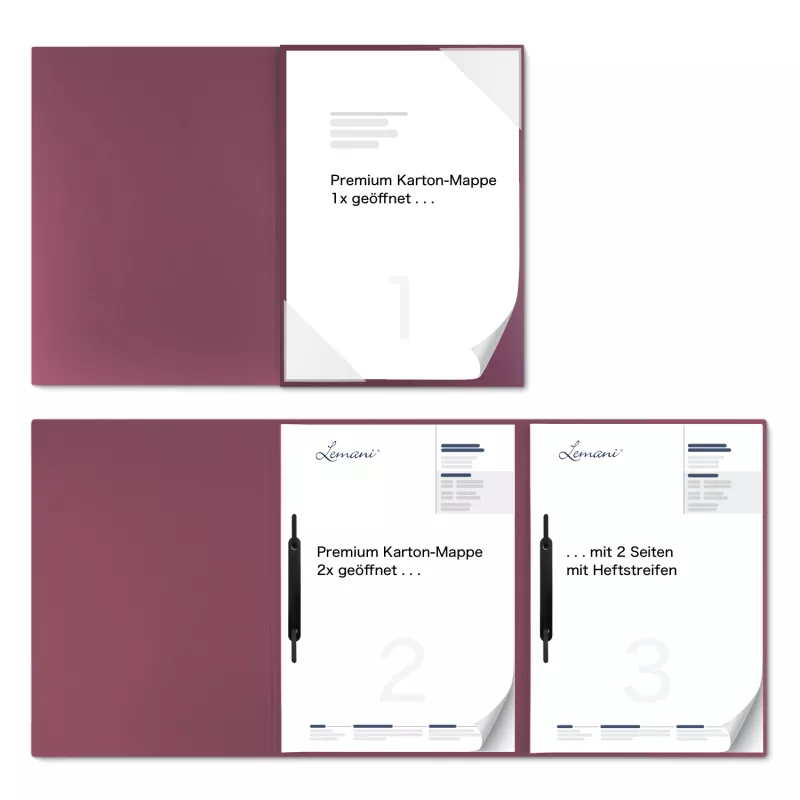 Premium Karton-Mappe 3-teilig in Bordeaux mit Dreiecktaschen (re.) und 2 Heftstreifen