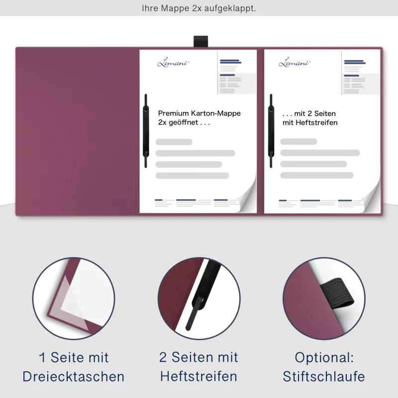 Premium Karton-Mappe 3-teilig in Bordeaux mit Dreiecktaschen (re.) und 2 Heftstreifen