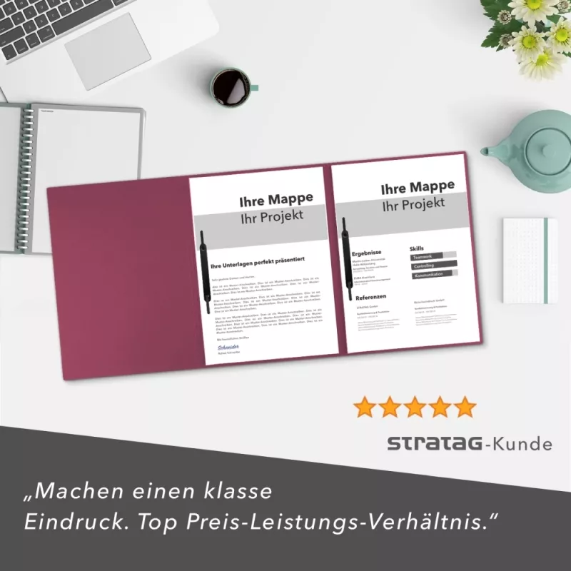 Premium Karton-Mappe 3-teilig in Bordeaux mit Dreiecktaschen (re.) und 2 Heftstreifen