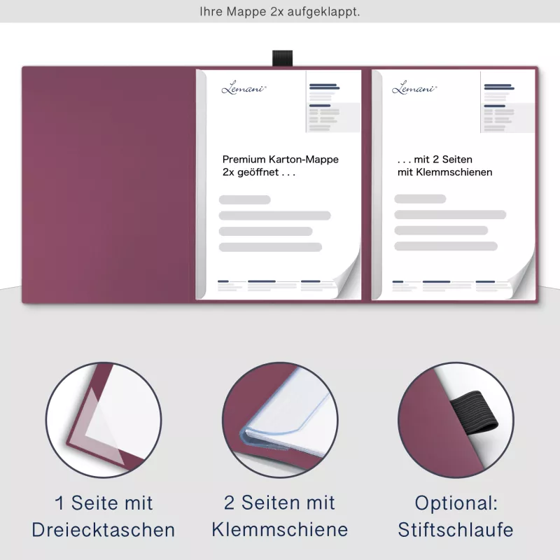 Premium Karton-Mappe 3-teilig in Bordeaux mit Dreiecktaschen (re.) und 2 Klemmschienen