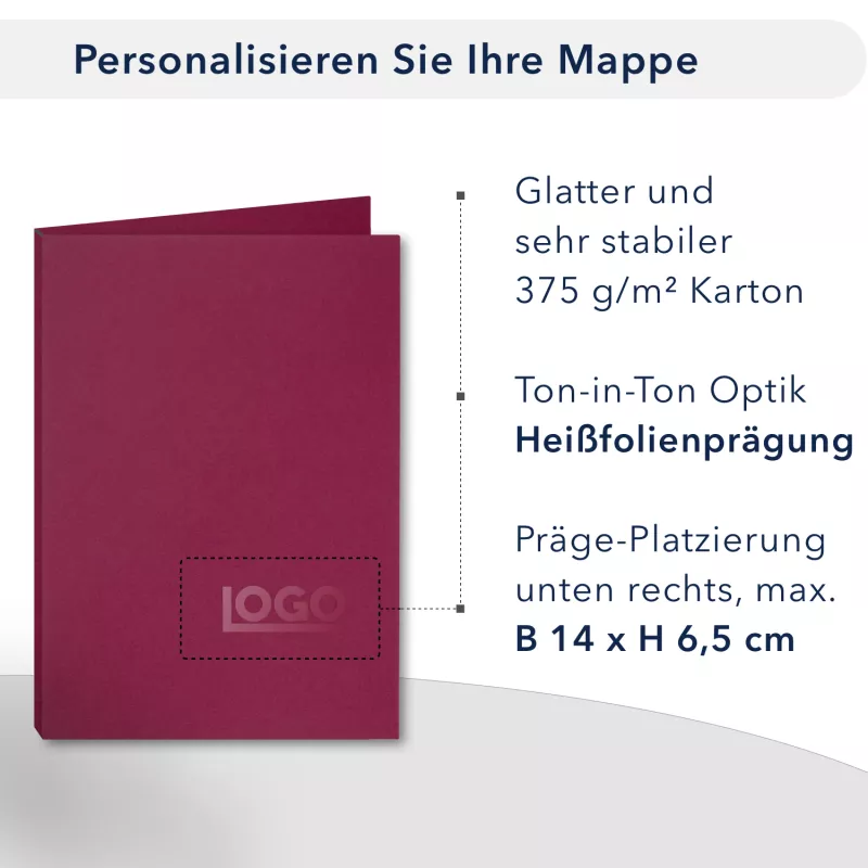 Premium Karton-Mappe 3-teilig in Bordeaux mit Dreiecktaschen (li.) und 2 Klemmschienen