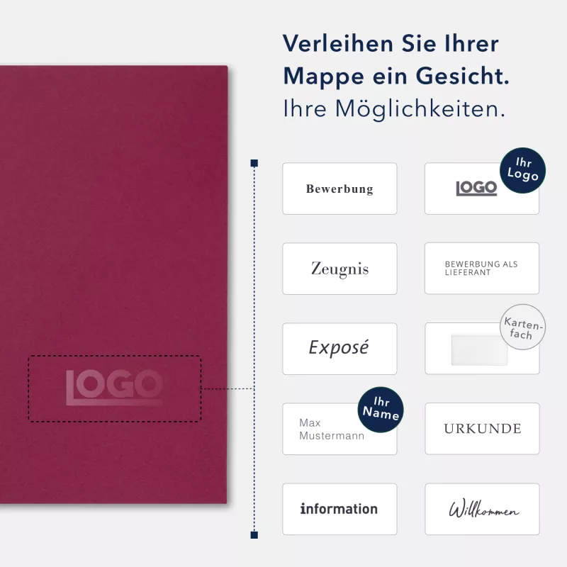 Premium Karton-Mappe 3-teilig in Bordeaux mit Dreiecktaschen (li.) und 2 Klemmschienen