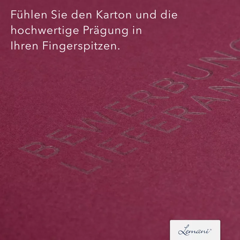 Premium Karton-Mappe 3-teilig in Bordeaux mit Dreiecktaschen (li.) und 2 Klemmschienen
