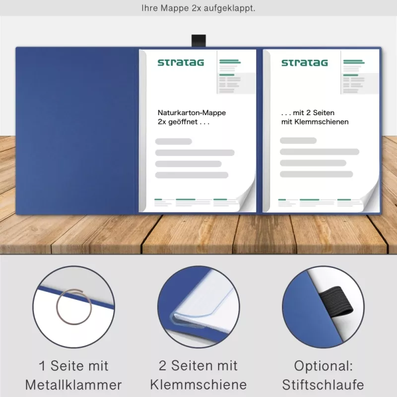 Naturkarton-Mappe 3-teilig in Königsblau mit runder Metallklammer und 2 Klemmschienen