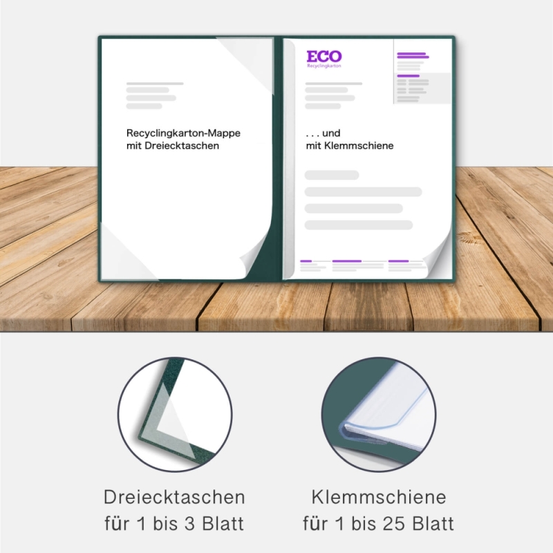 Naturkarton-Mappe 2-teilig in Tannengrün mit Dreiecktaschen und 1 Klemmschiene