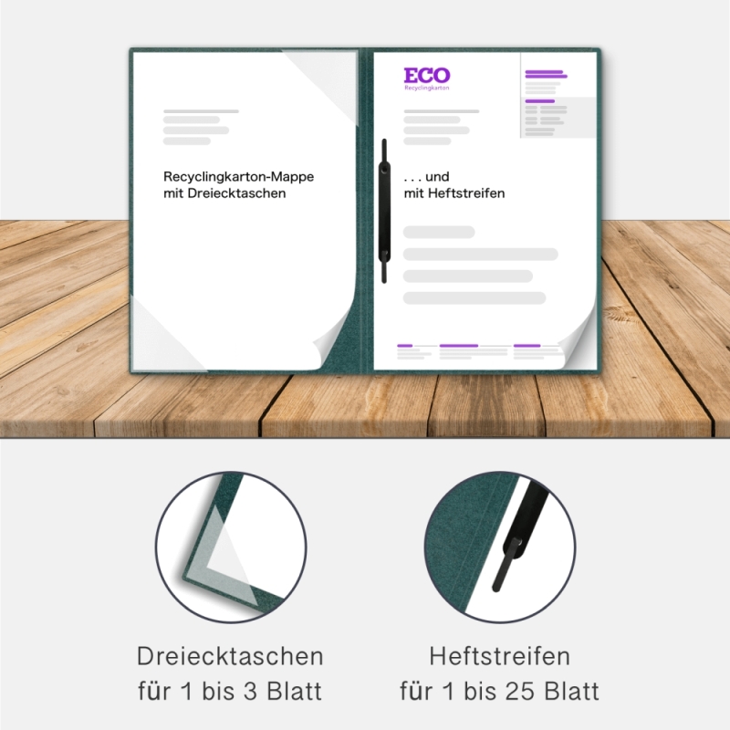 Naturkarton-Mappe 2-teilig in Tannengrün mit Dreiecktaschen und 1 Heftstreifen
