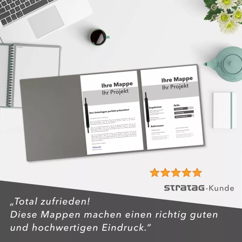 Naturkarton-Mappe 3-teilig in Steingrau mit runder Metallklammer und 2 Heftstreifen