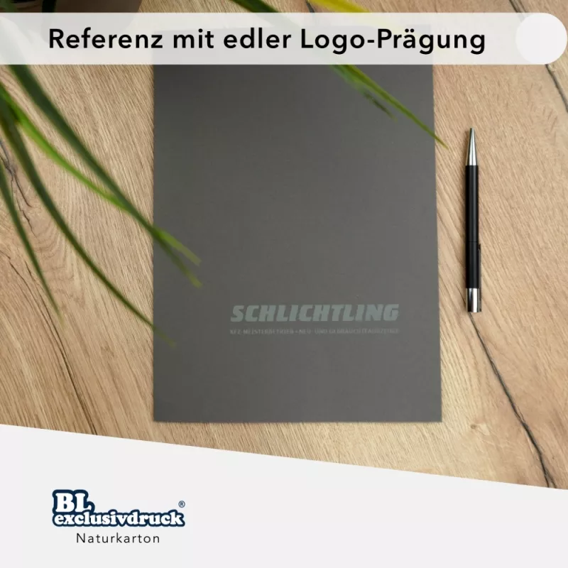 Naturkarton-Mappe 4-teilig in Steingrau mit 2 Seiten Dreiecktaschen und 2 Klemmschienen