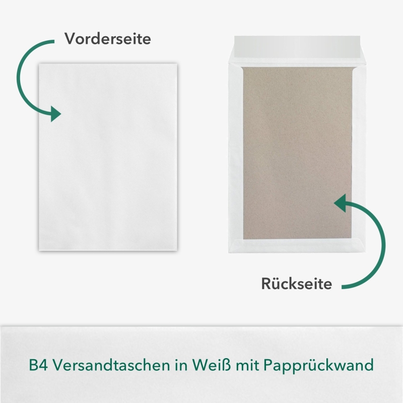 10 Stück B4 Versandtaschen in Weiß mit Papprückwand, 250 x 353 mm