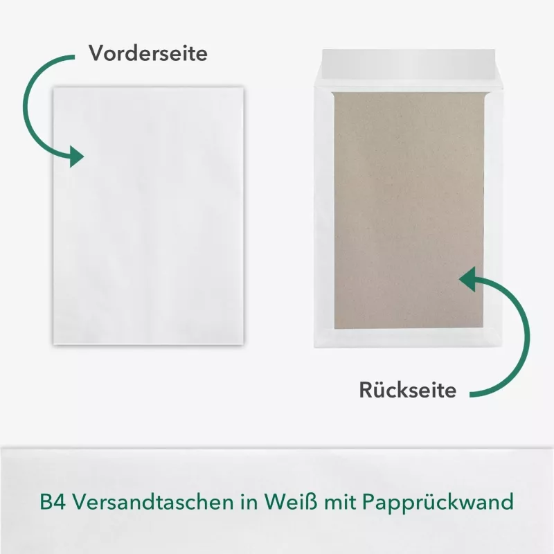 10 Stück B4 Versandtaschen in Weiß mit Papprückwand, 250 x 353 mm