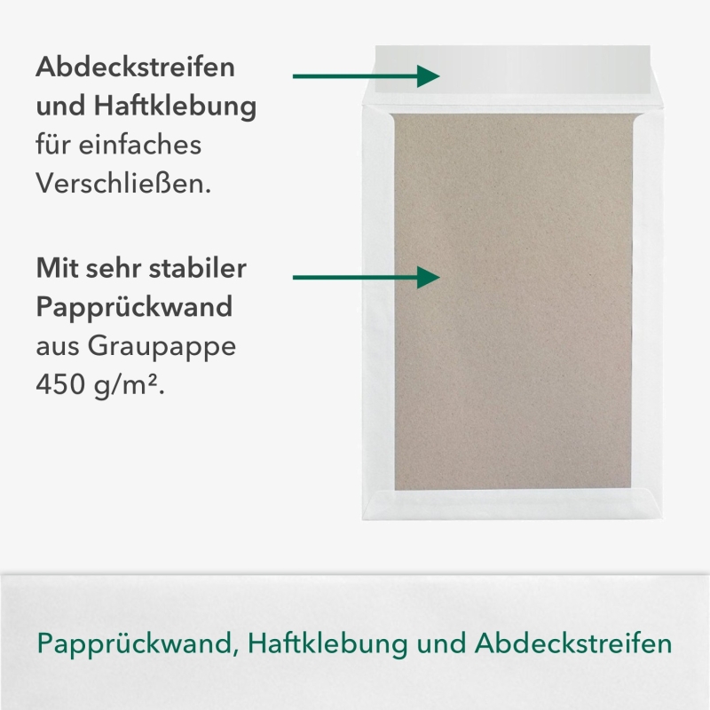 10 Stück B4 Versandtaschen in Weiß mit Papprückwand, 250 x 353 mm