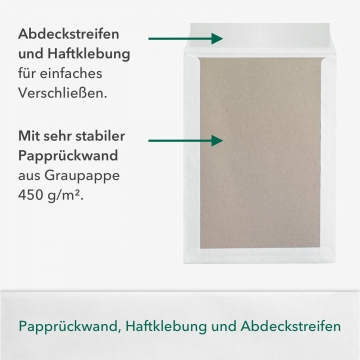 30 Stück B4 Versandtaschen in Weiß mit Papprückwand, 250 x 353 mm