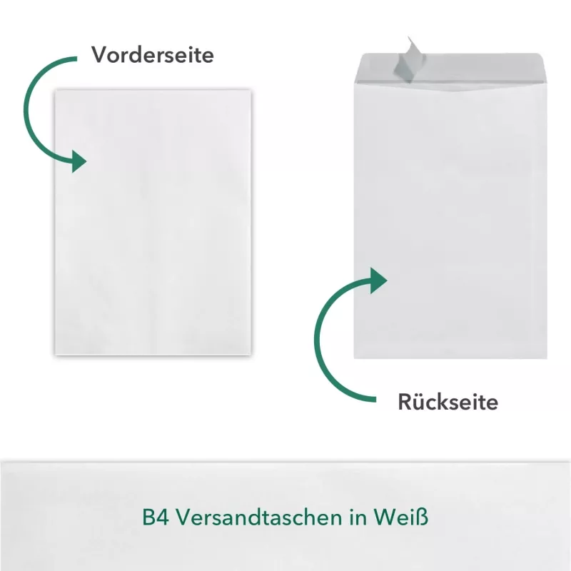 250 Stück B4 Versandtaschen in Weiß, haftklebend mit Abdeckstreifen, ohne Fenster